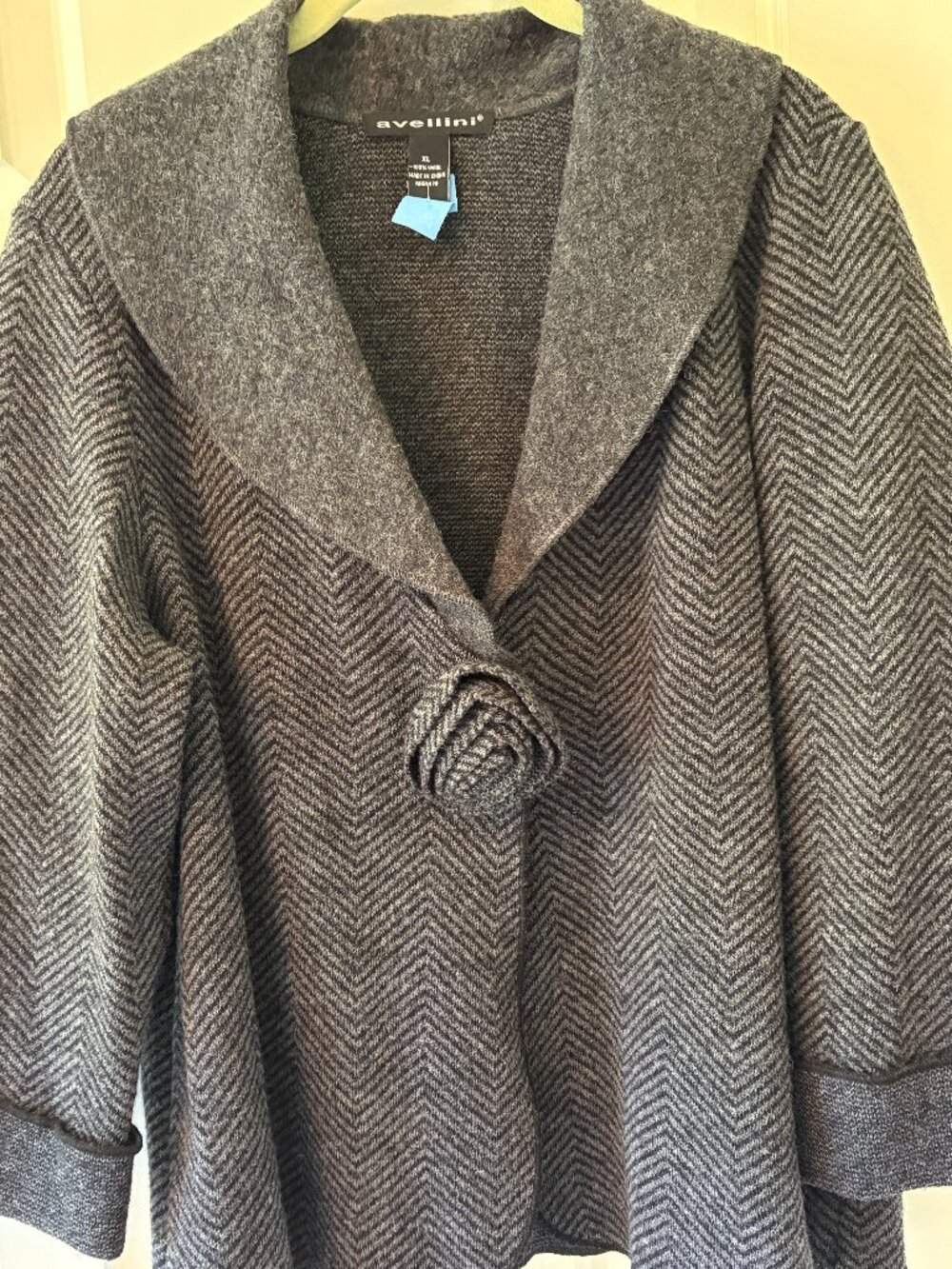 Avellini  100% Wool Shawl Collar Cardigan Sweater Jacket Gray Black Sz XL